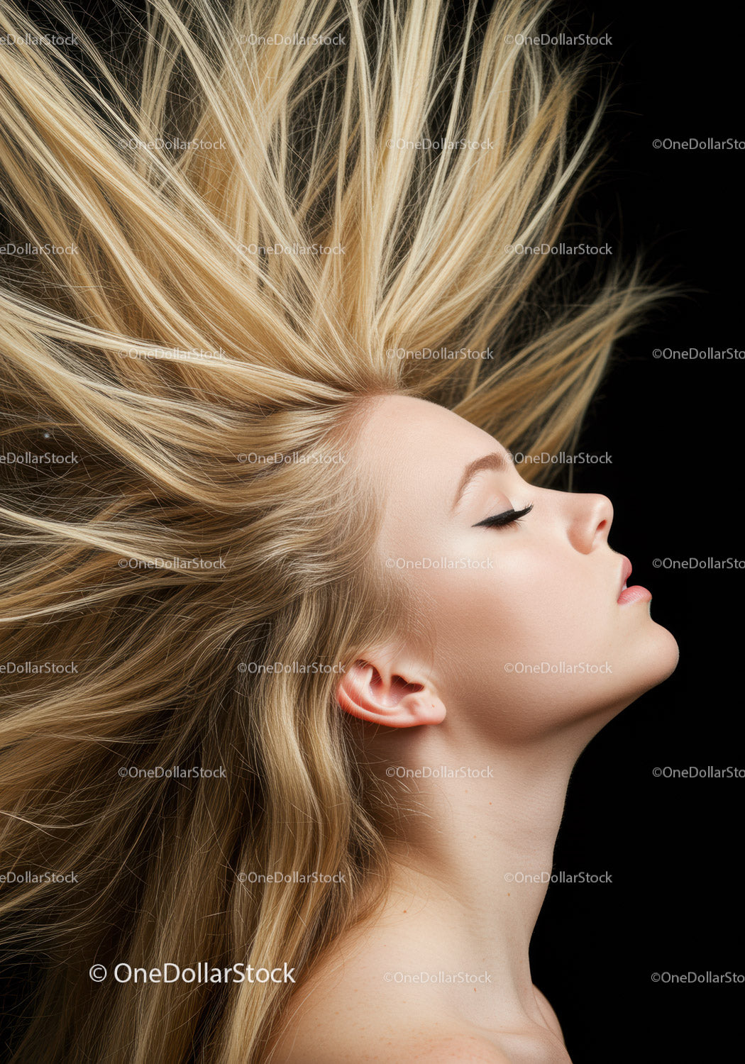Blonde Woman with Flowing Hair Against Black Background