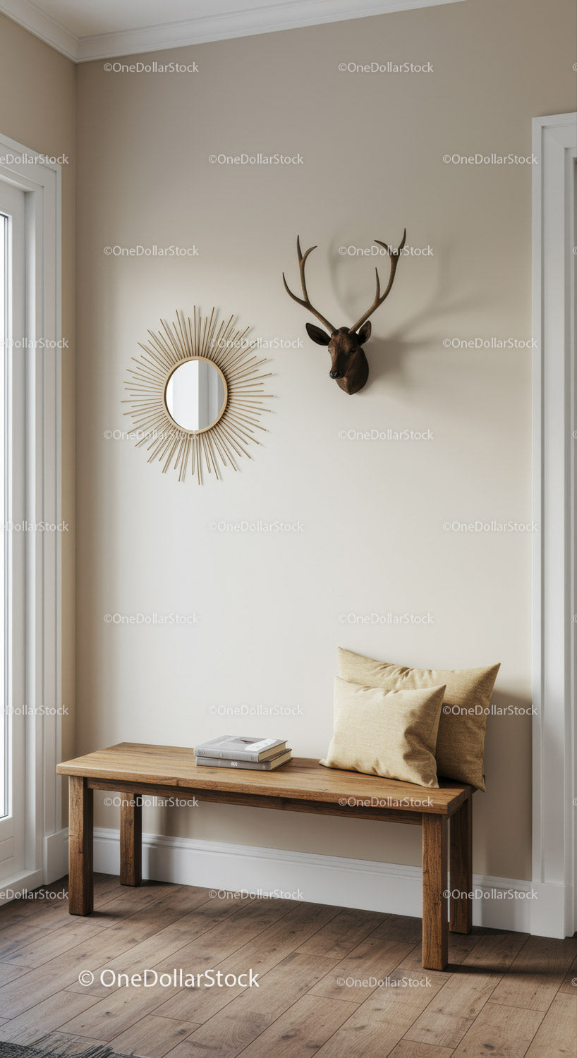 Modern Interior with Deer Head Wall Mount and Sunburst Mirror