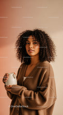 Young Woman with Curly Hair in Cozy Sweater Holding Mug in Indoor Portrait
