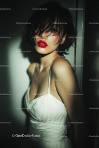 Elegant Woman with Red Lips in Stylish Evening Dress