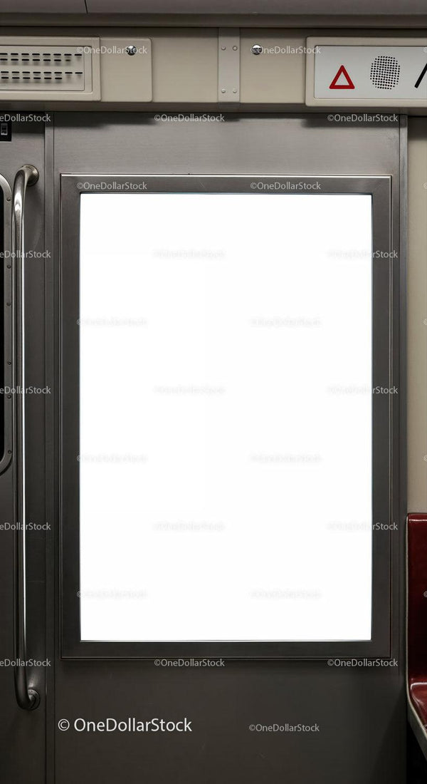 Empty advertising display inside modern subway train JPG Mockup Image