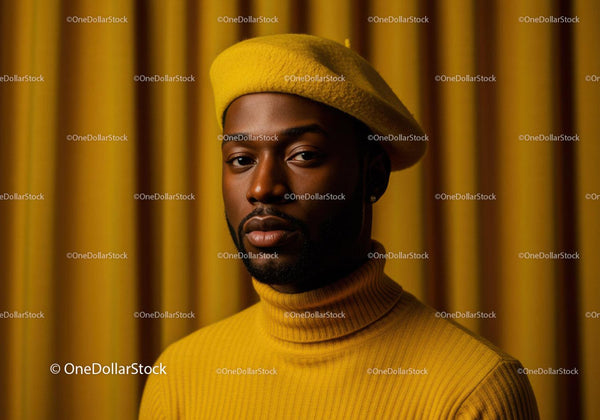 Stylish man wearing yellow beret and turtleneck sweater