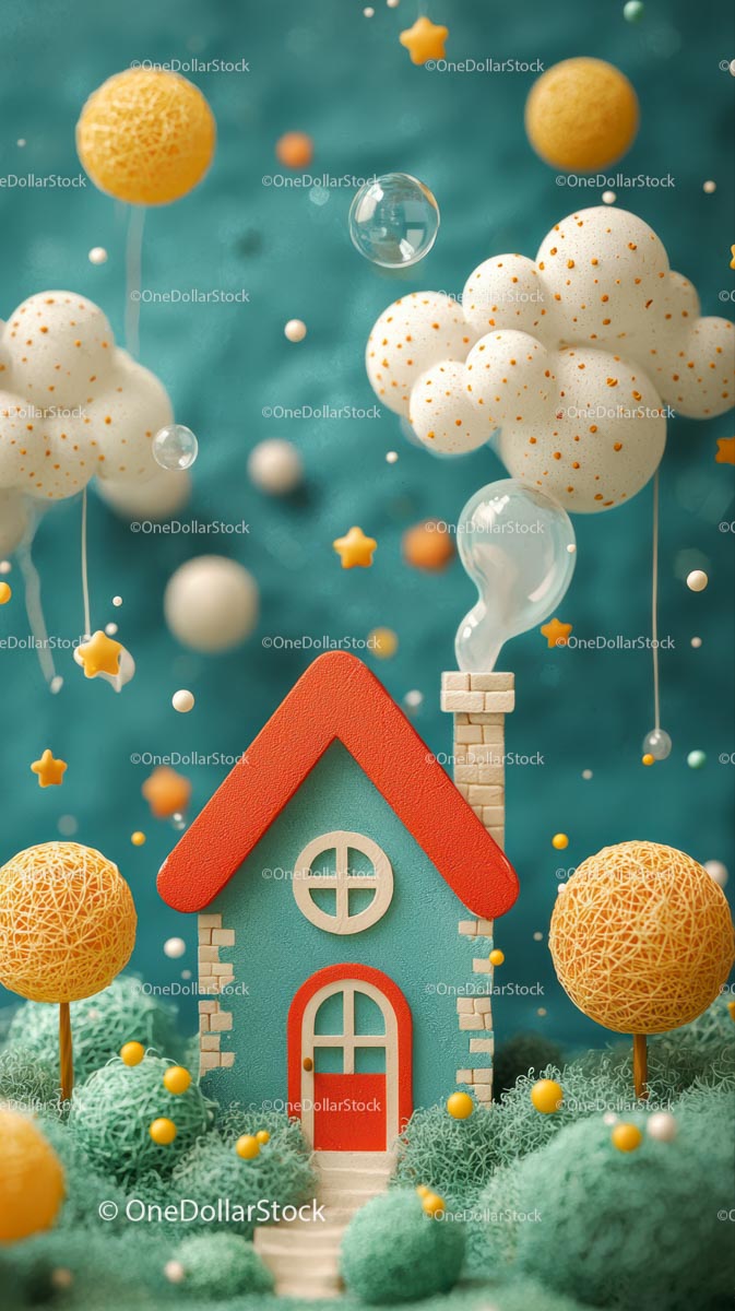 Colorful Whimsical Toy House With Clouds and Stars Scene