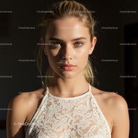 Portrait of a Young Woman Wearing a Lace Dress with Captivating Gaze