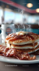 Sweet Pancakes with Bacon and Maple Syrup on a Breakfast Plate