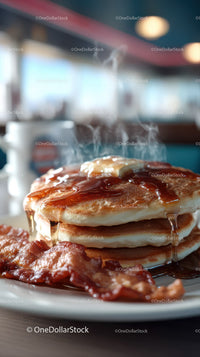 Sweet Pancakes with Bacon and Maple Syrup on a Breakfast Plate