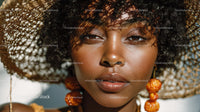 Portrait of a Beautiful Woman in Large Straw Hat with Orange Jewelry