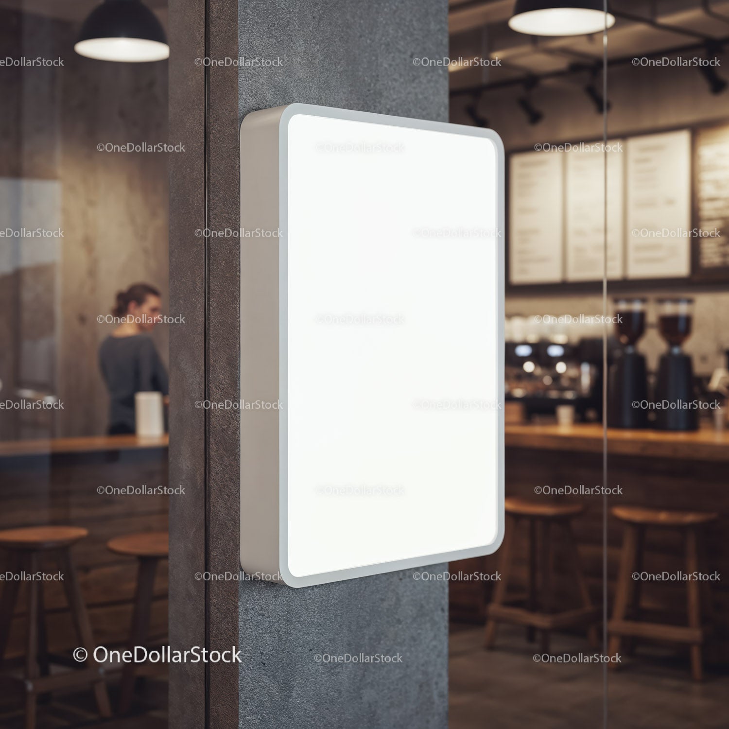 Blank Backlit Sign on Concrete Pillar in Modern Cafe