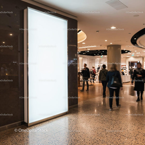 Blank vertical lightbox in bustling modern shopping mall JPG Mockup Image