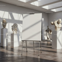 Blank easel in bright modern sculpture gallery space
