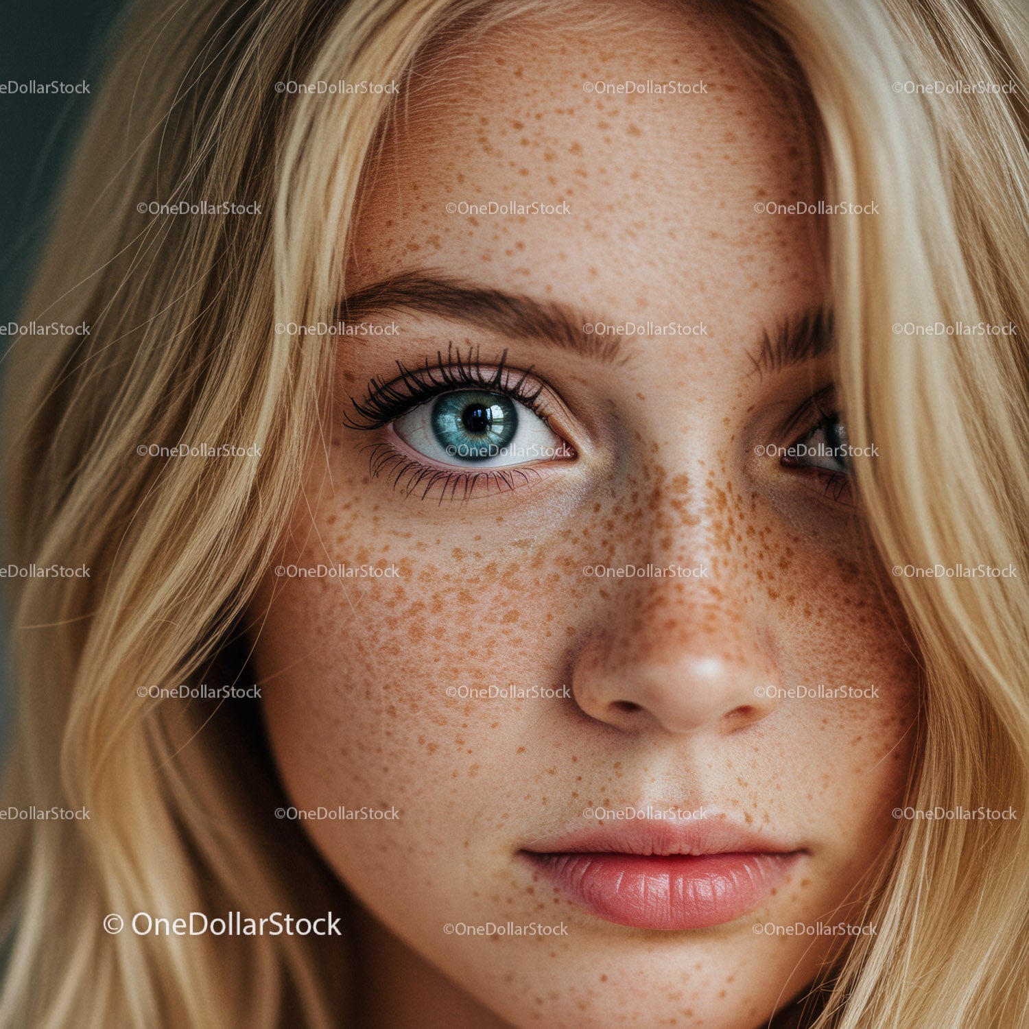 Close up of young woman with freckles and blue eyes