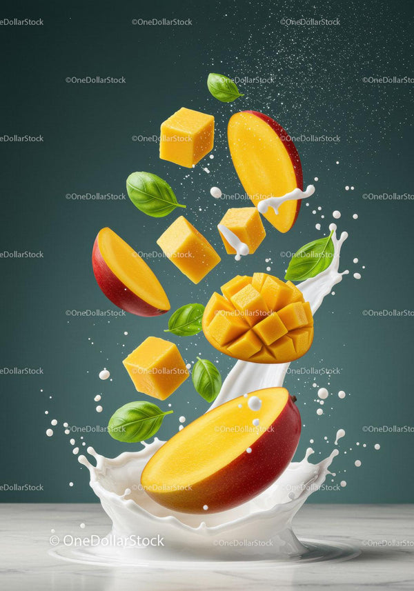 Fresh mango pieces splashing into creamy milk