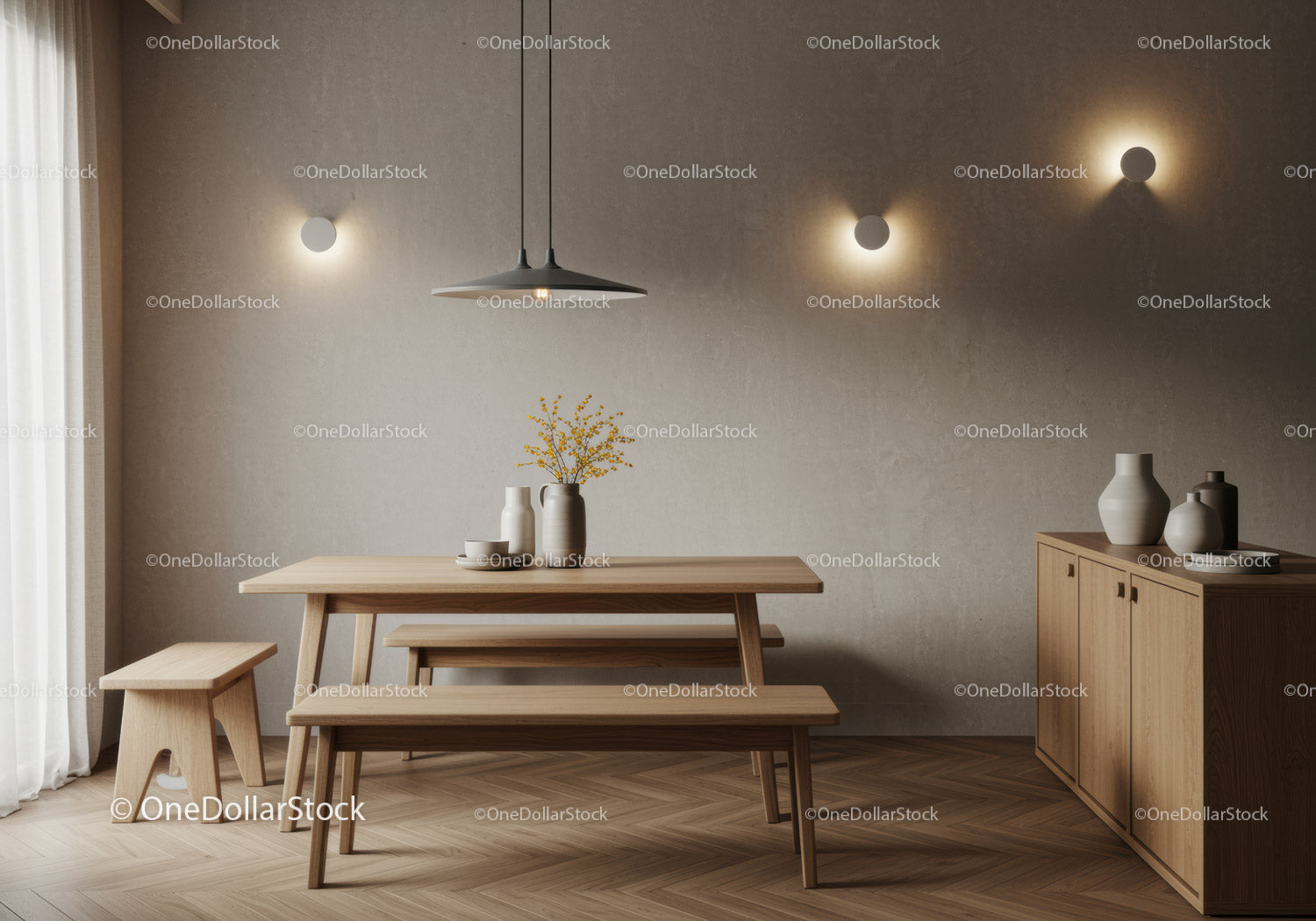 Minimalist Dining Room with Wooden Benches and Soft Lighting