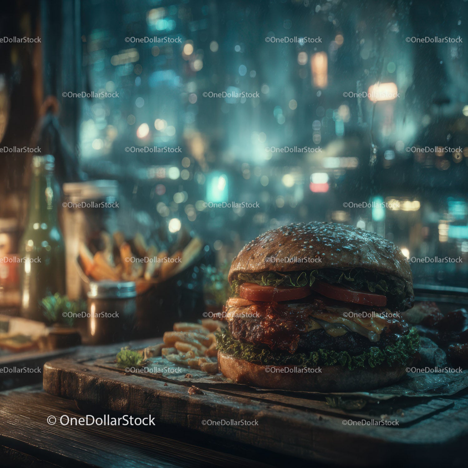 Burger gourmet ze świeżych składników na drewnianej desce w nocnej scenerii
