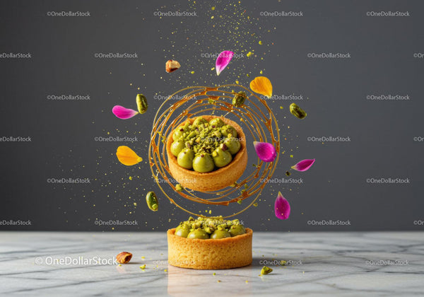 Creative pistachio tart with floating flower petals
