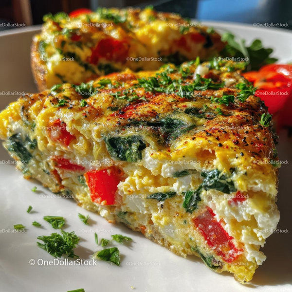 Vegetable Frittata with Red Peppers and Spinach on White Plate