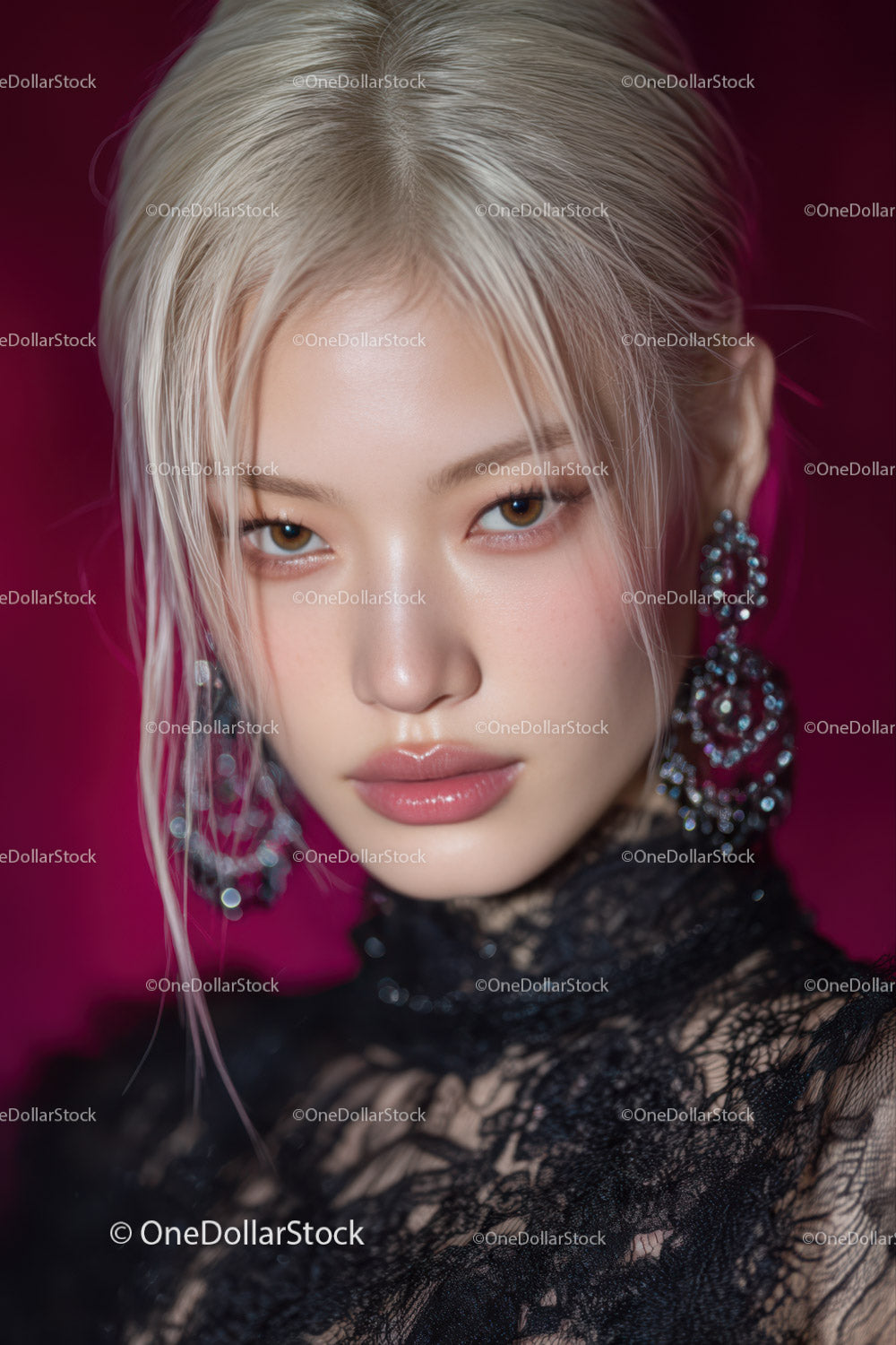 Elegant Woman with Platinum Blonde Hair and Statement Earrings
