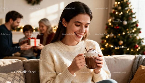 Smiling Woman Enjoying Hot Chocolate by Christmas Tree