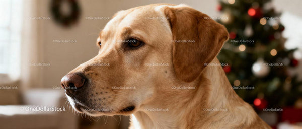 Spokojny Labrador Retriever przy Świątecznie Udekorowanej Choince