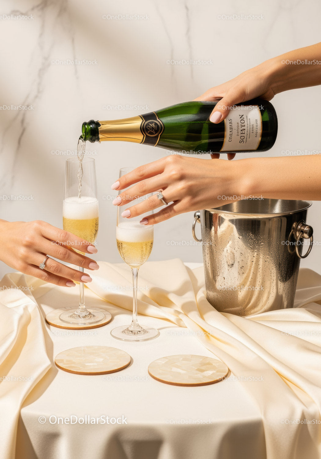 Elegant Champagne Pouring Scene with Two Flutes in Celebration Setting