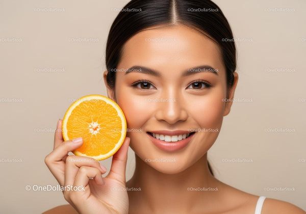 Radiant Woman Holding Fresh Orange Half for Skincare and Beauty