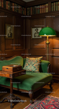 Vintage green velvet loveseat in classic wood-paneled library