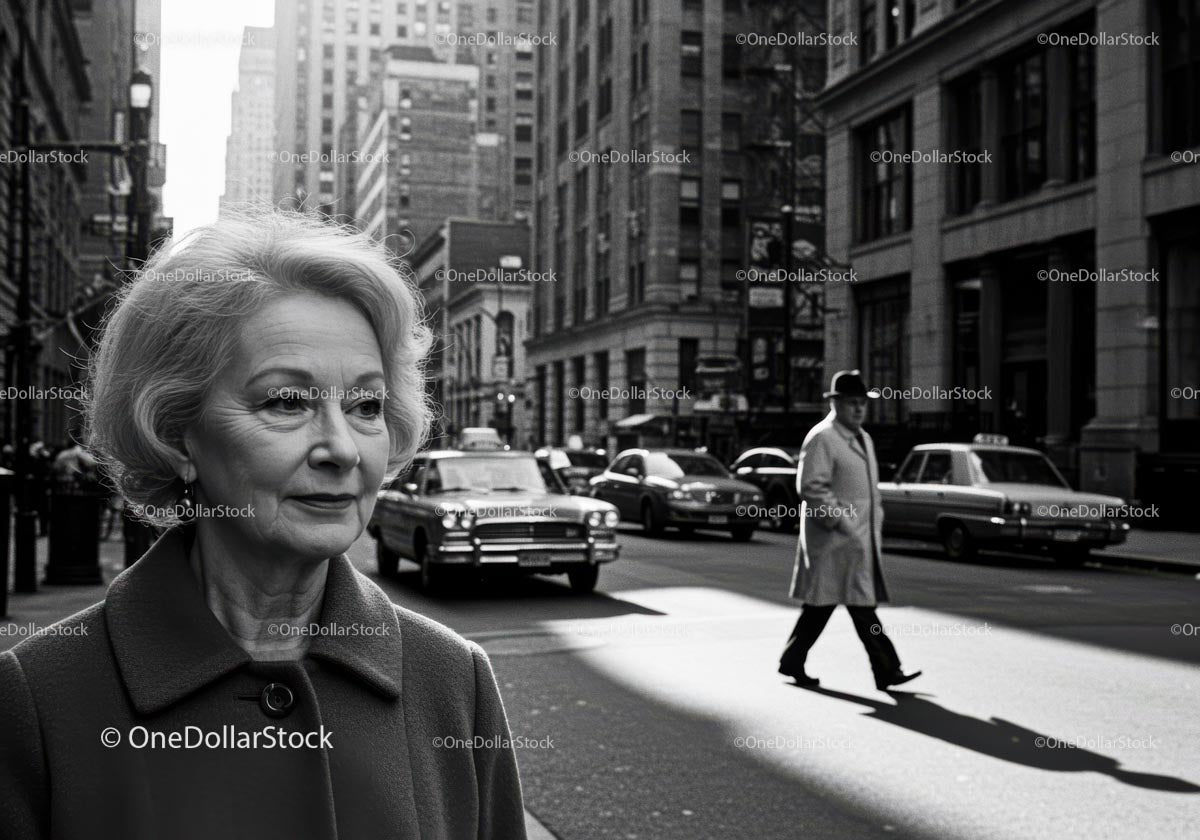 Elderly Woman in Busy City Street Surrounded by Vintage Cars