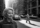 Elderly Woman in Busy City Street Surrounded by Vintage Cars