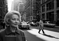 Elderly Woman in Busy City Street Surrounded by Vintage Cars