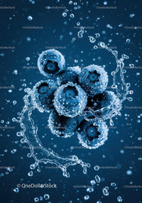 Fresh blueberries immersed in sparkling water bubbles