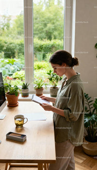 Woman Reading Notes at Home by Window with Plants