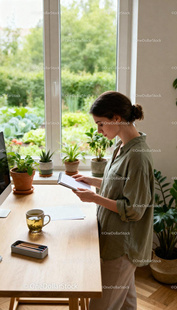 Woman Reading Notes at Home by Window with Plants