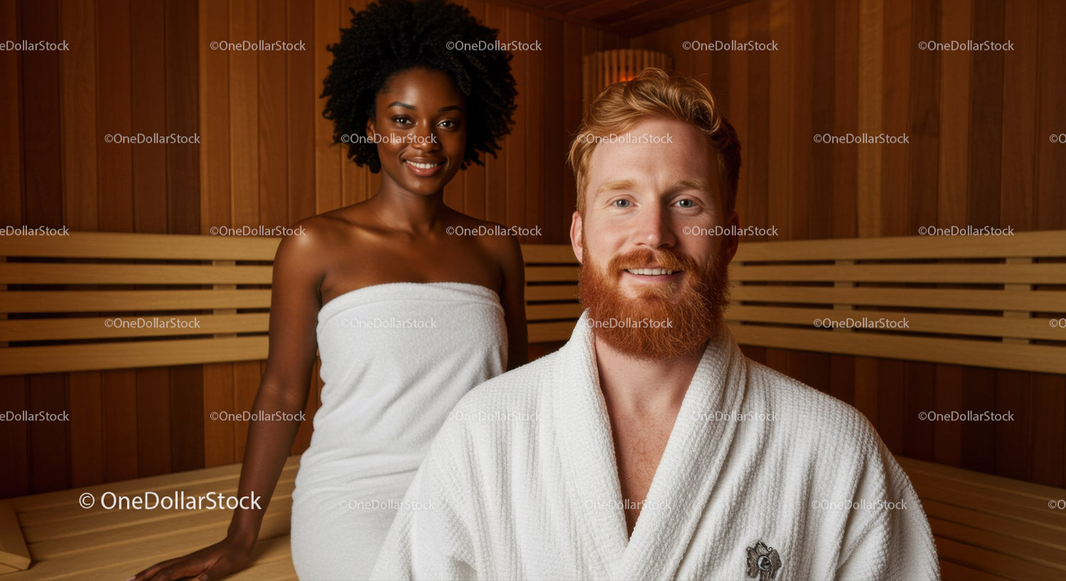 Smiling Ginger Man and African Woman Relaxing in Sauna Room