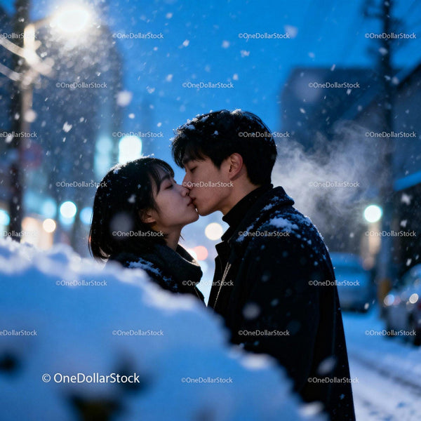 Couple sharing a tender kiss in snowy winter evening