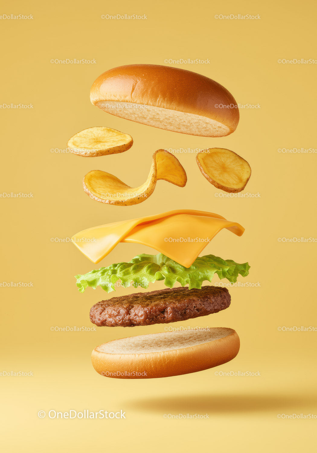 Pływające warstwy cheeseburgera z sałatą i frytkami