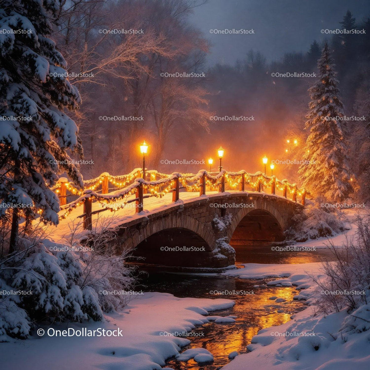 Snowy stone bridge illuminated with festive lights