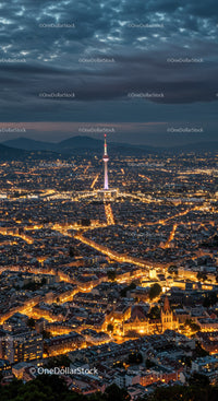 Night Cityscape with Tower and Illuminated Streets in City Center