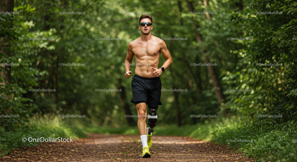 Male Runner with Prosthetic Leg Running Through Foggy Forest Trail