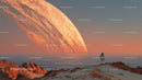 Astronaut Exploring a Surreal Alien Landscape with a Giant Orange Planet