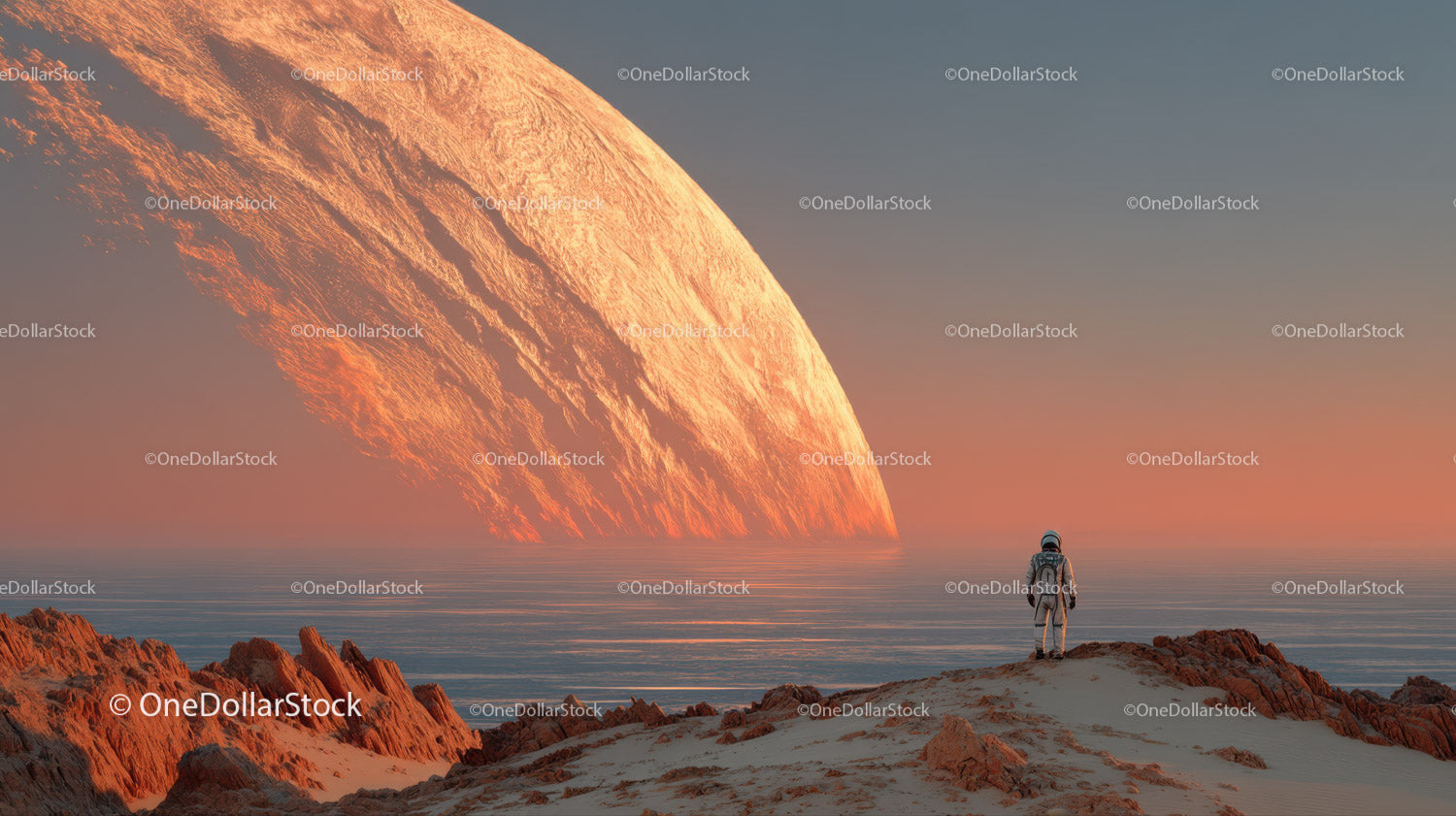 Astronaut Exploring a Surreal Alien Landscape with a Giant Orange Planet