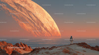 Astronaut Exploring a Surreal Alien Landscape with a Giant Orange Planet