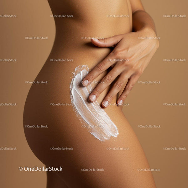 Woman Applying Sunscreen on Thigh in Elegant Skin Care Scene