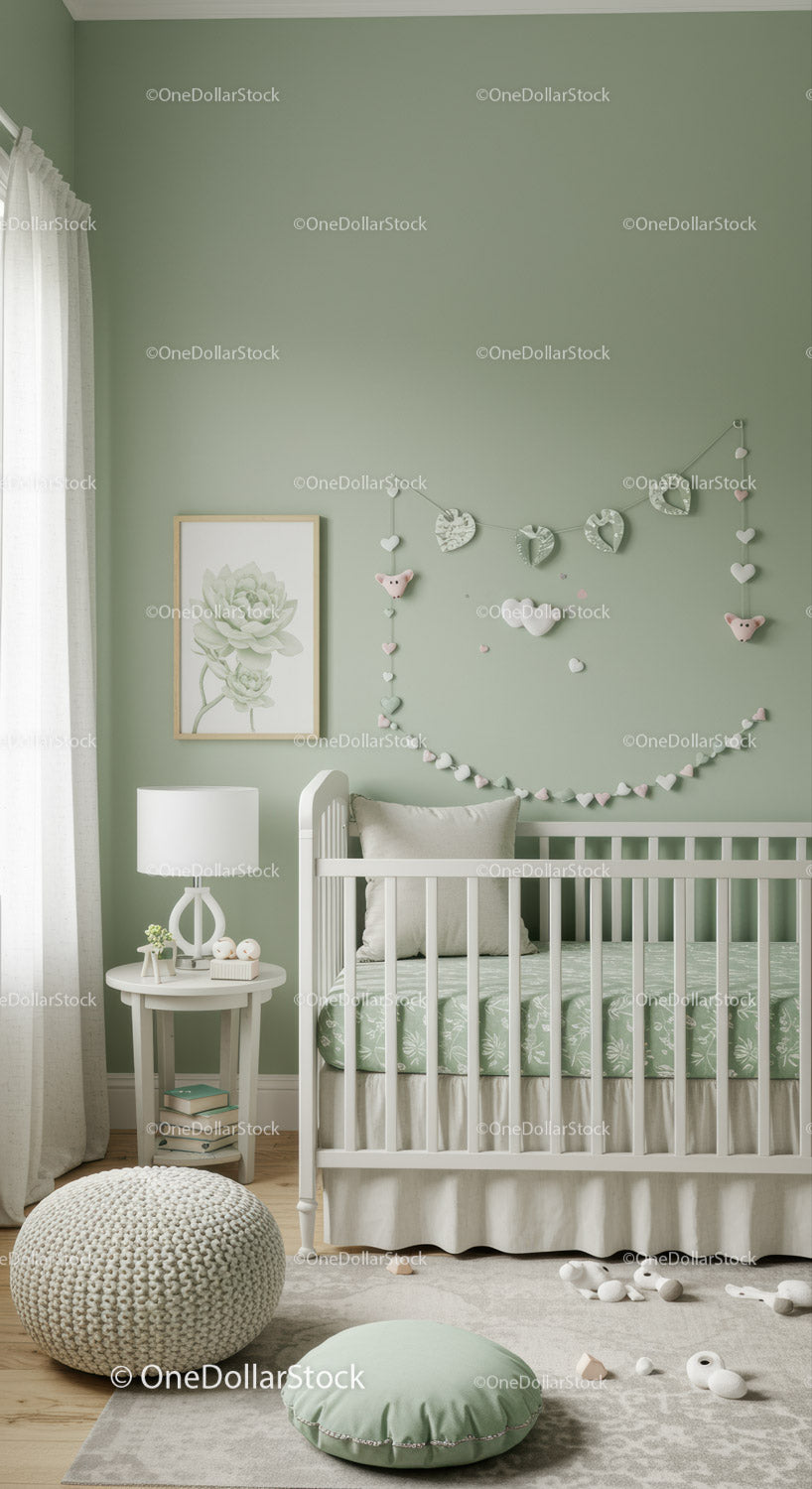 Pastel Green Baby Nursery with Wall Art and Decorative Garland