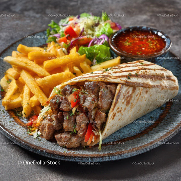 Beef Burrito with French Fries and Fresh Salad in a Black Plate