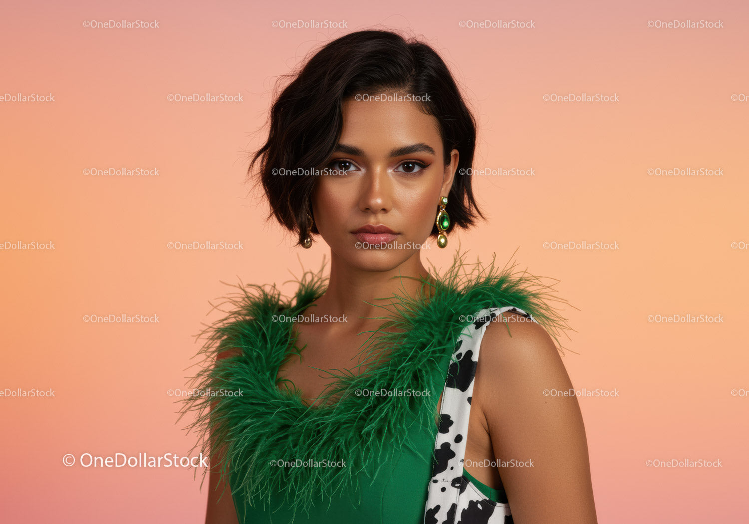 Elegant Woman with Green Feathered Dress and Statement Earrings