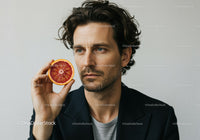 Man Holding Blood Orange Slice with Thoughtful Expression