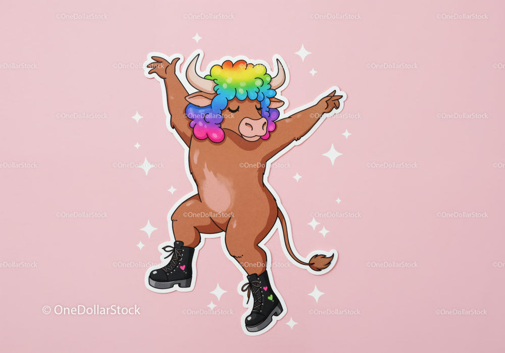 Cute Cartoon Cow Wearing Black Boots Dancing with Rainbow Hair