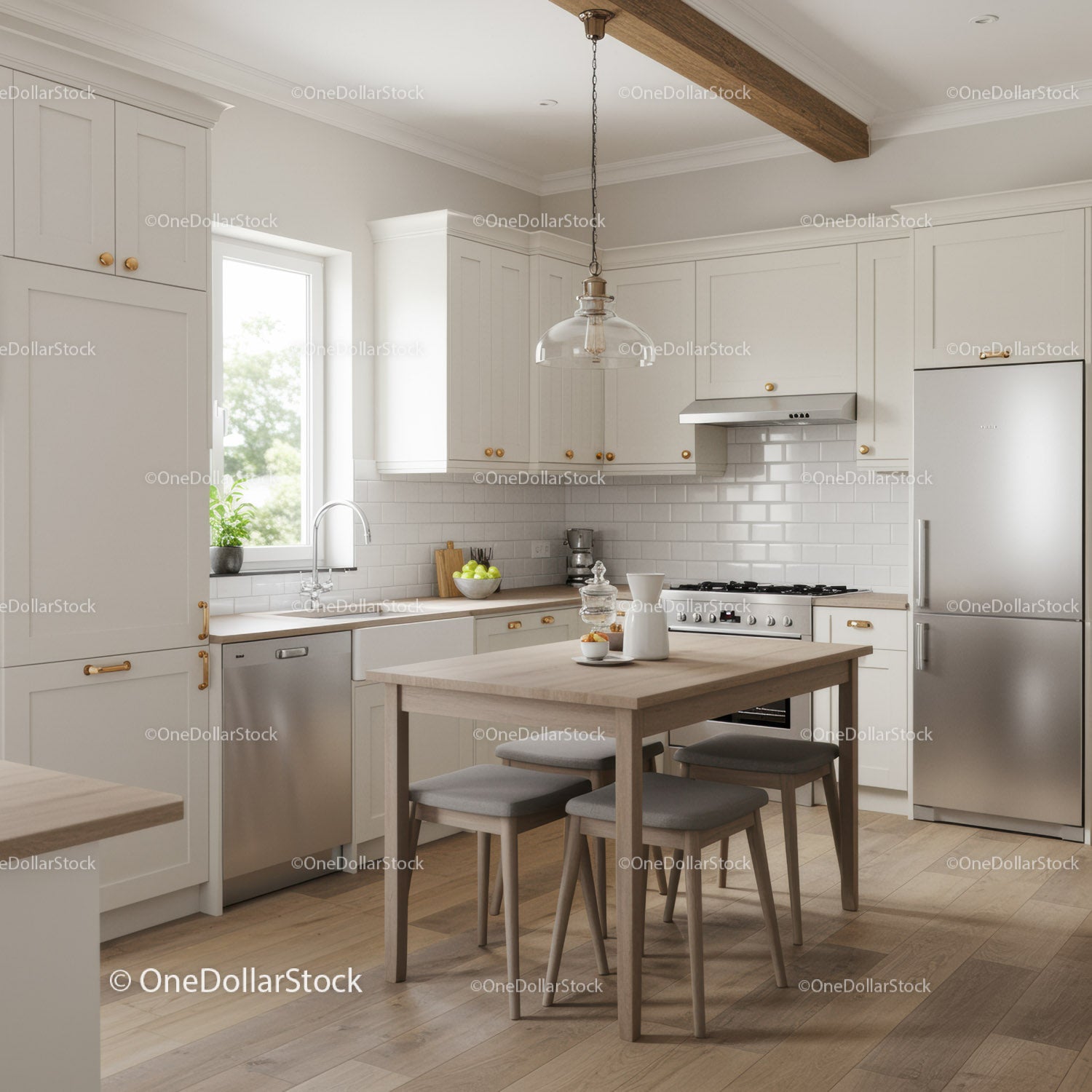 Bright Modern Kitchen with White Cabinets and Wooden Dining Table