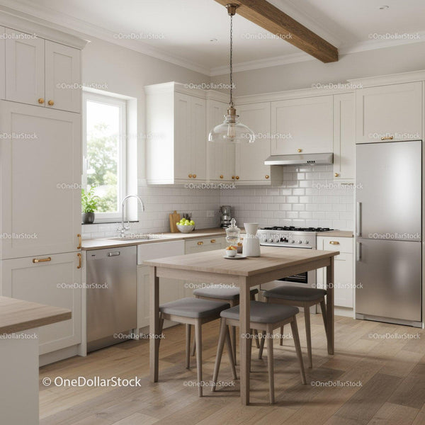 Bright Modern Kitchen with White Cabinets and Wooden Dining Table