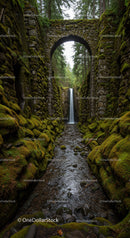 Mossy Stones and Waterfall beneath Ancient Stone Bridge in Forest